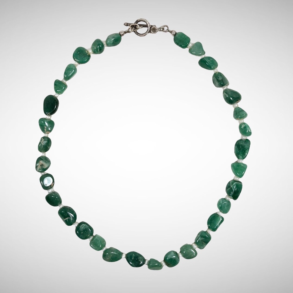 VTG Aventurine Tumbled Stone Necklace With Pearl Seed Beads 18” Toggle Clasp EUC